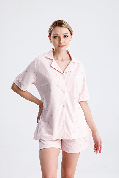 Espuar Women's Heart Patterned Front Button Shorts Set