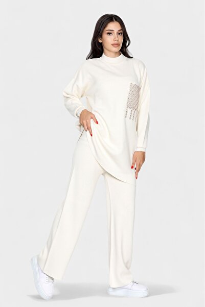 NEWCO Women's Knitwear Set Side Slit Detailed Long Top and Comfortable Cut Pants Double Combination