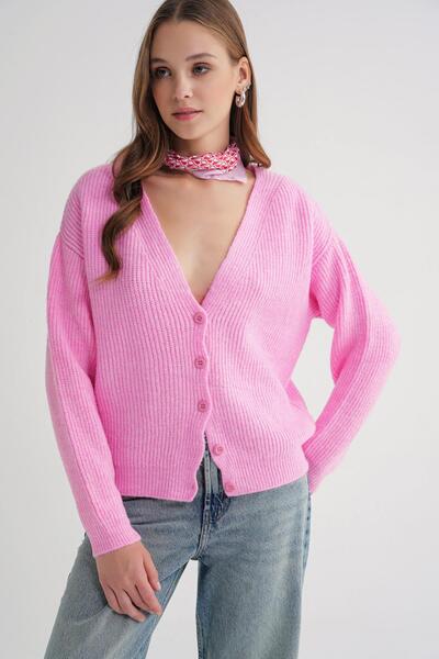 Mixray 6943 Women's V-Neck Thessaloniki Cardigan Pink