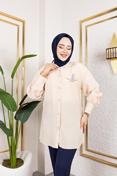 Moda Ebva Taş Ve Düğme Detaylı Tunik-5263 Vizon