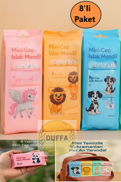 Duffa Mini Cep Islak Mendil 8’li Paket Okul Islak Mendil Çanta Islak Mendil A...