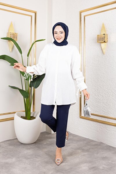 Moda Ebva Kolları Bağcık Detaylı Tesettür Tunik-5218 Beyaz