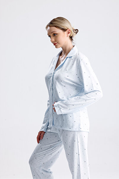 Espuar Women's Heart Pattern Front Button Long Sleeve Pajama Set