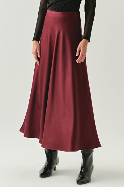 Exquise High Waist Grosgrain Detailed Satin Regular Midi Skirt with Side Zipper