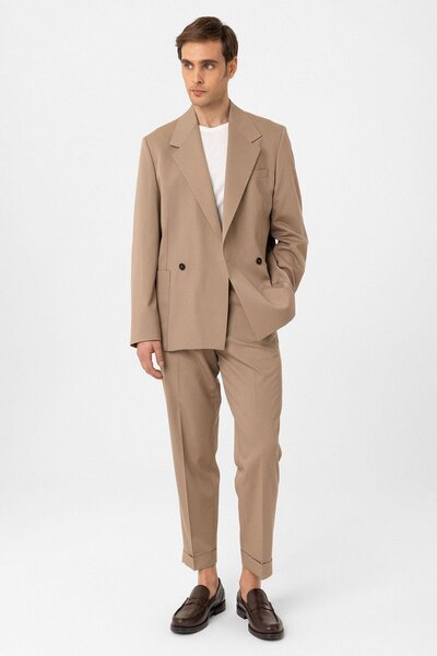 Antioch Beige Relax Fit Double Breasted Closure Men's Technical Blazer Jacket