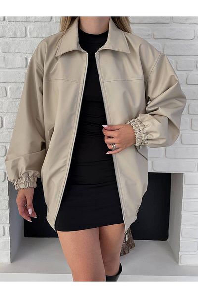 VESS MODA Women's Leather Jacket with Drawstring Detail on Sleeves and Skirt