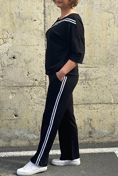 Mia Butik Large Size Black One Shoulder Low-Cut Sweatshirt Suit