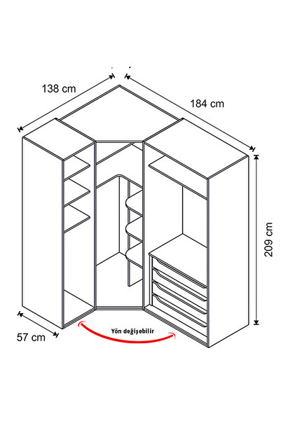 benim odam Rose 4 Kapılı Cam Kapaklı Gizli Çekmeceli Köşe Dolap Genç / Çocuk Odası 835