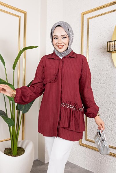 Moda Ebva İnci Ve Taş Detaylı Düğmeli Tunik-5505 Bordo