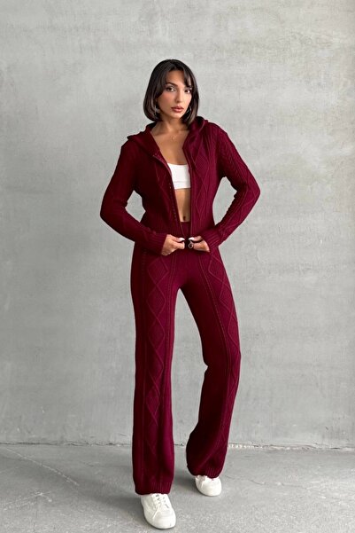 Lusin Women's Hooded Zippered Crop Cardigan Pants Bottom Top Knitwear Set - Claret Red S/M