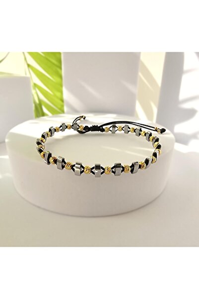 Abundo Bratara reglabila "Gold Confidence" cu hematit si argint 925 placat cu aur de 14k