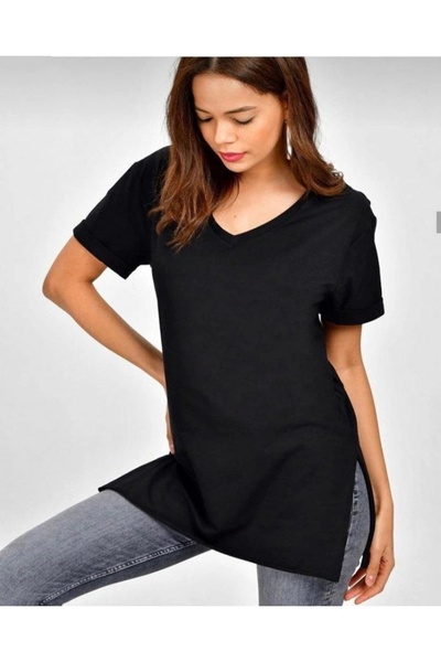 MetuCA Women's Short Sleeve V Neck Side Slit Detail Combed Cotton Blouse