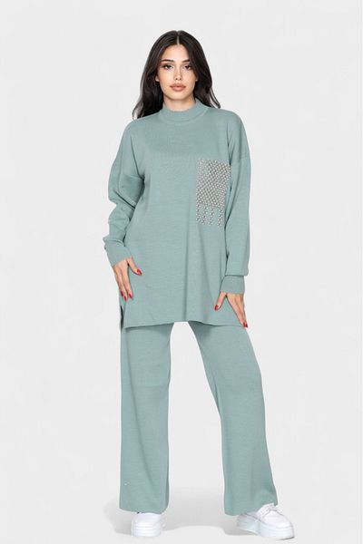 NEWCO Women's Knitwear Set Side Slit Detailed Long Top and Comfortable Cut Pants Double Combination