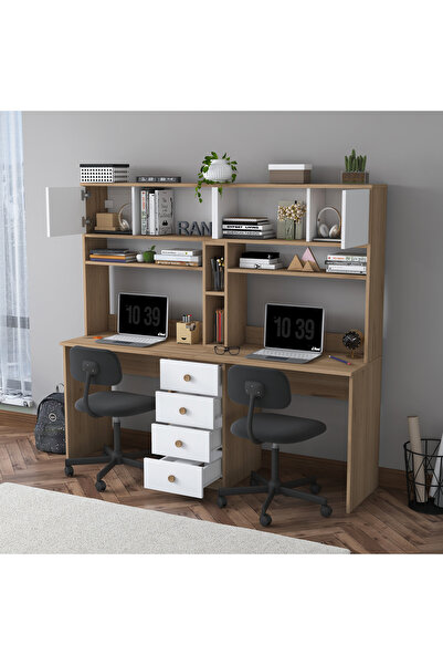 Rani Mobilya Rani HA130 İki Kişilik Raflı 2 Kapaklı Çekmeceli Çalışma Ofis Bilgisayar Masası Sepet Ceviz - Beyaz