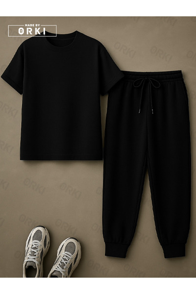 EFFRENATU Power Fit - Plus Size Black T-Shirt & Black Pants Tracksuit Set