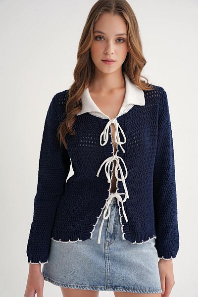 Mixray 6945 Women's Openwork Tie-Up Knitwear Cardigan Navy Blue