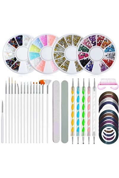 gaman Nail Art Tırnak Süsleme Seti - Renkli Taşlar, Çizgi Bant, Törpü ve Nail...