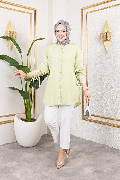 Moda Ebva Kolları Bağcık Detaylı Tesettür Tunik-5218 Yeşil