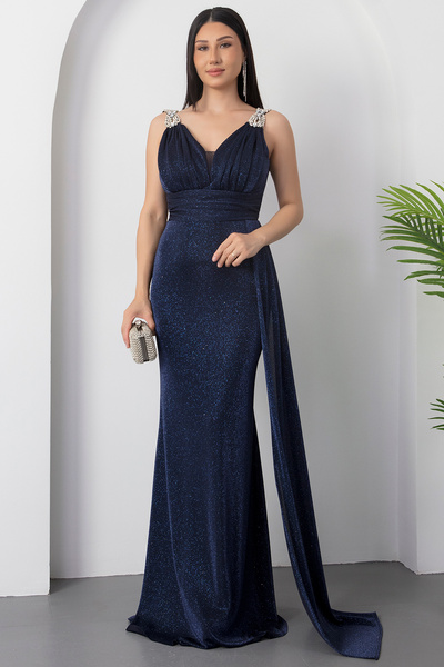 PULLIMM Shoulder Stone Detail Silvery Evening Dress 39844