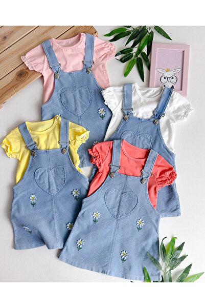 hümabebe Çiçek nakışlar örme kot elbise salopet 2 parça set