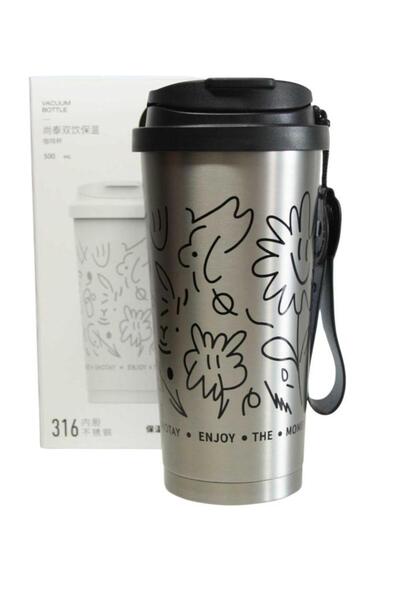 Shotay ST-8913 Çift Kullanım Pipetli/Rahat İçim Gri 500ml Çelik Termos