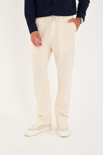 No Way Erkek Paça Parçalı Baggy Keten Pantolon