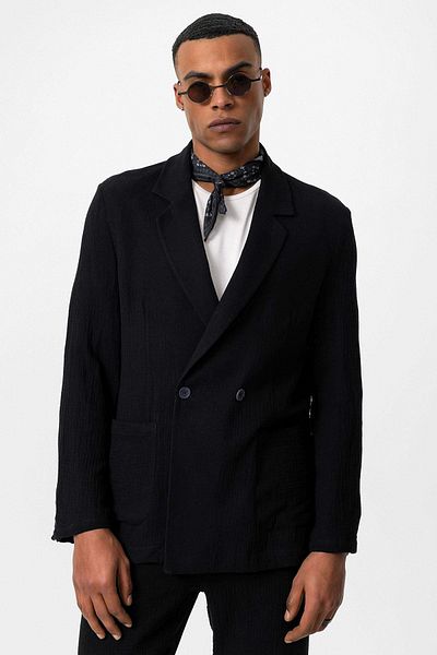Antioch Black Double Breasted Closure Unlined Men's Blazer Jacket