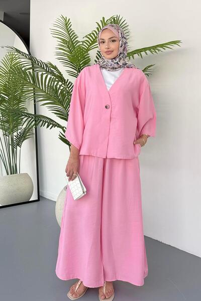 Modaensarbutik Önden Düğmeli Yanları Yırtmaçlı Ceketli Tesettür Takım-PEMBE