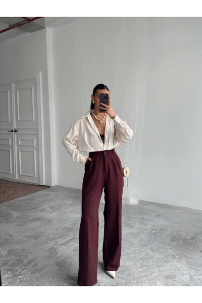 Panku Bizu Design Store Sorbonne Koyu Bordo Pileli Palazzo Pantolon