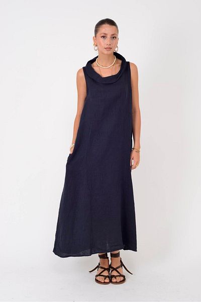 Park Moda 25396 Clove Degaje Collar Sleeveless Linen Dress