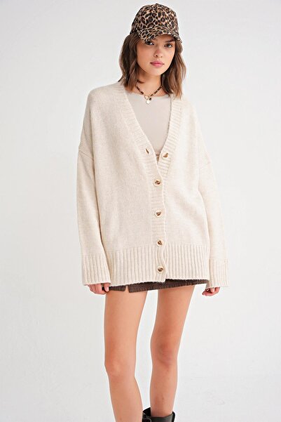 Mixray 6927 Women's Soft Textured Casual Basic Knitwear Cardigan Natural