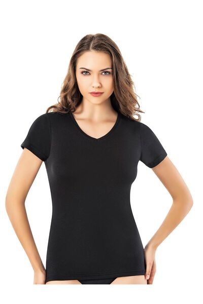 Selkar Global Women's Short Sleeve V Neck Modal Design Plain Design Undershirt Black - Black - Selkrkoc-6A61Y6-Si