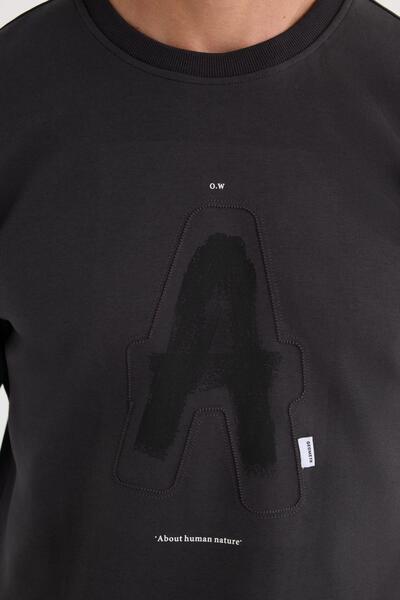 Tudors Unisex Relax Fit Pamuklu Yumuşak Dokulu Bisiklet Yaka İçİ Polarlı Baskılı Antrasit Sweatshirt