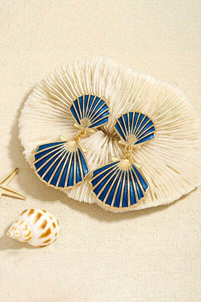 Glaren Büyük Lacivert Mineli Deniz Kabuk Sallantılı Altın Renk Kadın Küpe