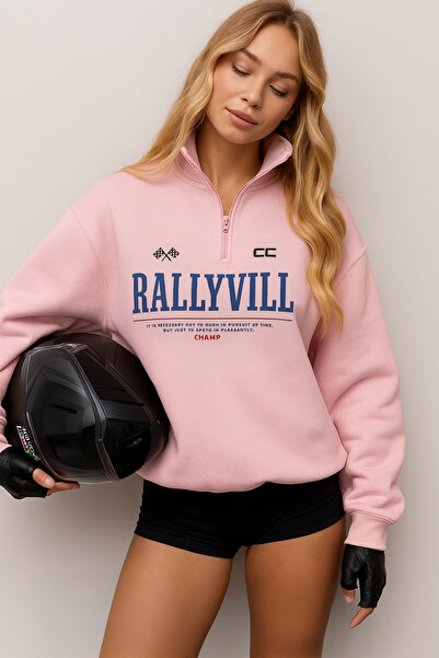 The Champ Clothing Φούτερ Unisex oversized με μισό φερμουάρ RallyVill Text με τύπωμα Ροζ- 3 Thread Sh επένδυση fleece Fleece