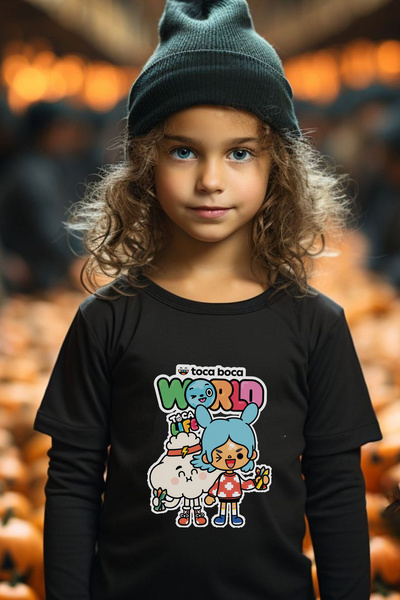 Store Toca Boca Pattern Printed Children's Black and White Tshirt
