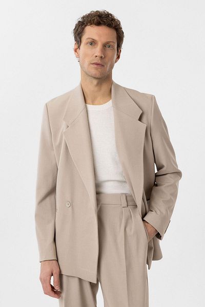 Antioch Light Beige Double Breasted Closure Men's Blazer Jacket with Flap Pockets