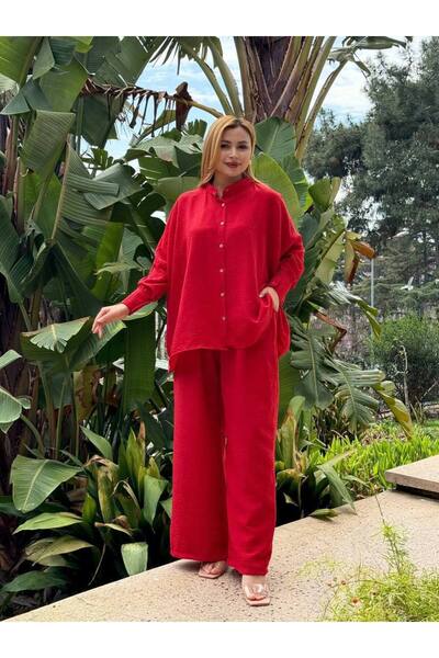 369 etnik butik Oversize Comfortable Fit Two-Piece Suit – Buttoned Blouse & Wide Leg Trousers