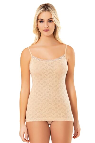 Selkar Global Women's Heart Striped Lace Collar Thin Strap Ribbed Undershirt Skin 6'Li - Skin - Selkrkog-6I01K3-Ten