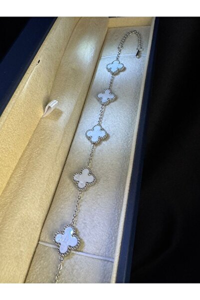 vogutima Kadın Çelik Bileklik - 4 Yapraklı Yonca 5'li Taşlı Beyaz Kaplama • Işıklı Kutuda • Sevgiliye