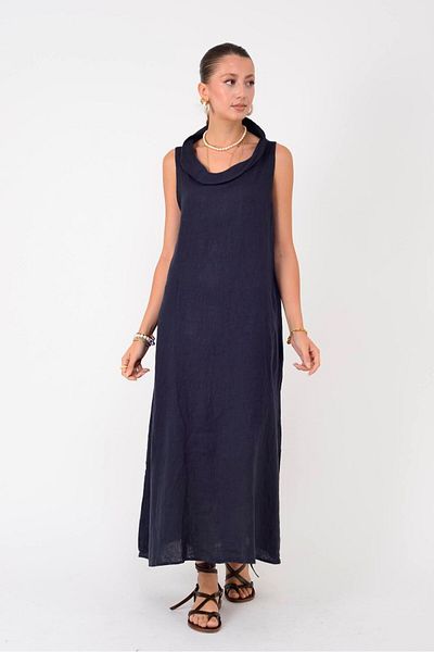 Park Moda 25396 Clove Degaje Collar Sleeveless Linen Dress