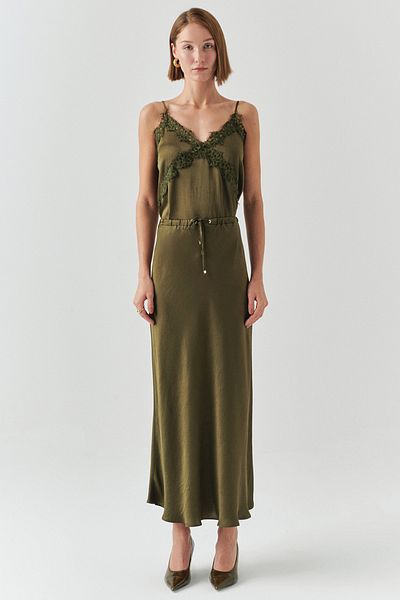 Exquise Lace-Up Regular Satin Midi Skirt