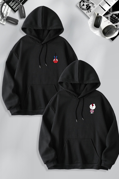 darkopia Dear Couple Combination Hello Kitty Spiderman Printed Design Hooded Sweatshirt Set of 2