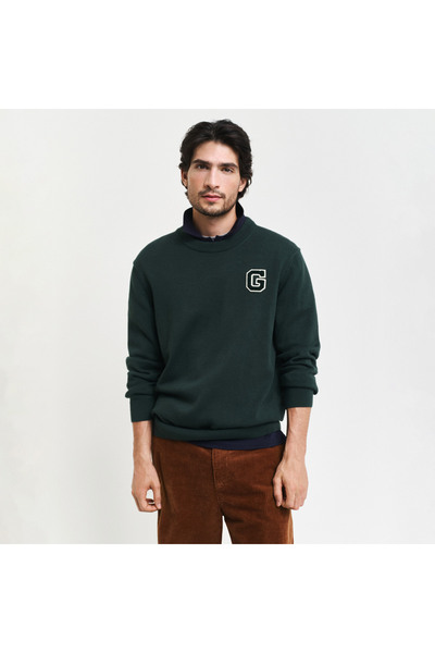 Gant Erkek Yeşil Relaxed Fit Bisiklet Yaka Logolu Kazak