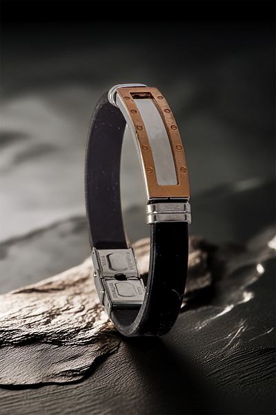 OSMANLI GÜMÜŞ Men's Steel Bracelet - Name Writable Rose Color Rubber Model Bracelet