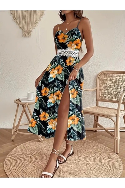 MetuCA Rochie maxi din jerseu pentru femei, cu bretele din frânghie, cu decolteu în V, cu talie, cu model de flori din guipură, cu fantă laterală