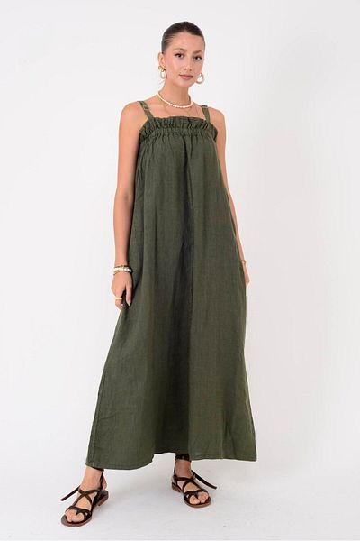 Park Moda E2108 Firfir Detailed Linen Dress with Adjustable Straps