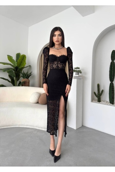 Afiş Butik Black Bust Cup Lace Slit Midi Dress