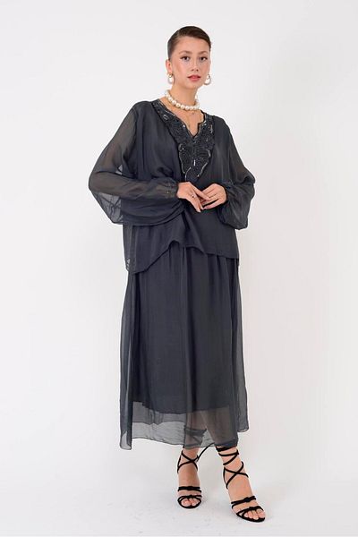 Park Moda Sn780 Sequence Embosed Collar Detail Silk Dress