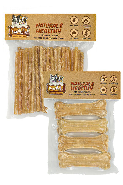 Eva & Wall-e Köpekler İçin Doğal Çiğneme ve Ödül Kemiği Seti | Naturel Burgu Çubuk 50’li + 10cm 4’lü Kemiği
